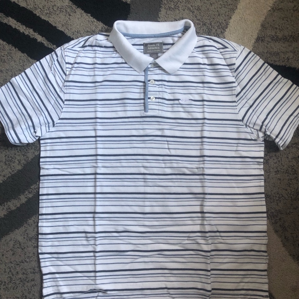 Roots White Polo with Navy Horizontal Stripes